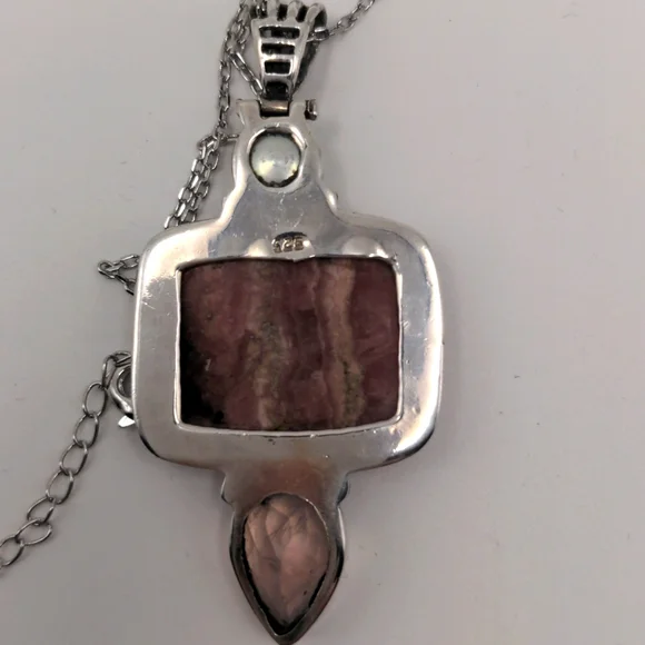 Rhodochrosite Pink Sterling Silver Pendant Necklace Rose Quartz & Pearl Accents - Picture 4 of 7